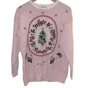 Vtg Barbiecore Christmas Sweater Medium Pink Pastel Gold Embroidered Holidays